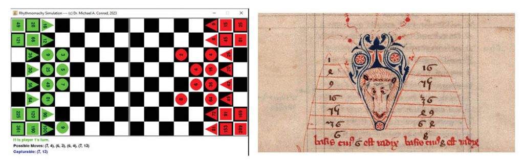 Left: Rhythmomachy Simulation (Player 1's turn). Image © 2023 Michael A. Conrad. Right: Bibliothèque interuniversitaire, Section Médecine, Montpellier, H 366, f. 13v, with rhythmomachy pyramids at the top flanking a lion's mask. Image via Creative Commons, via https://portail.biblissima.fr/fr/ark:/43093/mdata268b7df0d12be6fa155f802fd66b4123b9ddd65a.Left: Rhythmomachy Simulation (Player 1's turn). Image © 2023 Michael A. Conrad. Right: Bibliothèque interuniversitaire, Section Médecine, Montpellier, H 366, f. 13v, with rhythmomachy pyramids at the top flanking a lion's mask. Image via Creative Commons, via https://portail.biblissima.fr/fr/ark:/43093/mdata268b7df0d12be6fa155f802fd66b4123b9ddd65a.