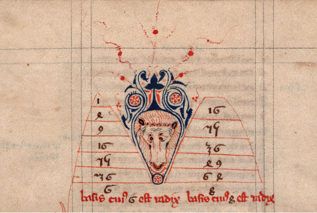 Two rhythmomachy pyramids with the image of a lion, 14th century, Bibliothèque interuniversitaire, Section Médecine, Montpellier, H 366, f. 13v. Image via Creative Commons, via https://portail.biblissima.fr/fr/ark:/43093/mdata268b7df0d12be6fa155f802fd66b4123b9ddd65a.