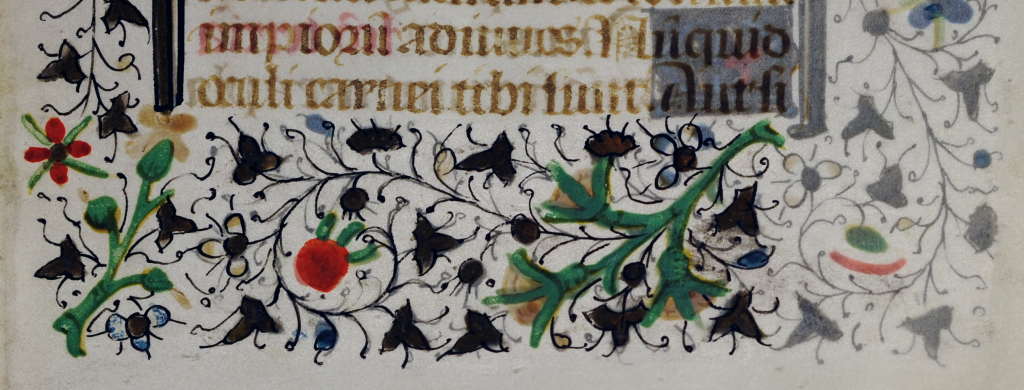 Floral border below the text of a Book of Hours on a detached leaf. Photography Penwork extending from a decorated initial extends below the final line of text and ends in a horned animal head which looks into its direction. Photography © Mildred Budny