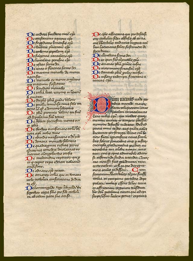 Recto with the end of the Chapter List and most of Chapter I for Book III of the 'Dialogues' of Gregory the Great from 'Ege Manuscript 41' and now in Dartmouth College Library, reproduced courtesy of Darthmouth College Library