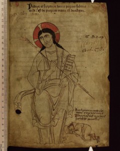Frontispiece image, with the prostrate figure of Saint Dunstan beside Christ, in Saint Dunstan's Classbook, MS. Auct. F. 4. 32, folio 1r, tenth century. Photo: © Bodleian Library, University of Oxford (2015)