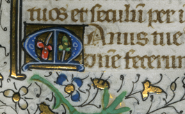 Detail of an initial M on the verso of the leaf. Photography by Mildred Budny