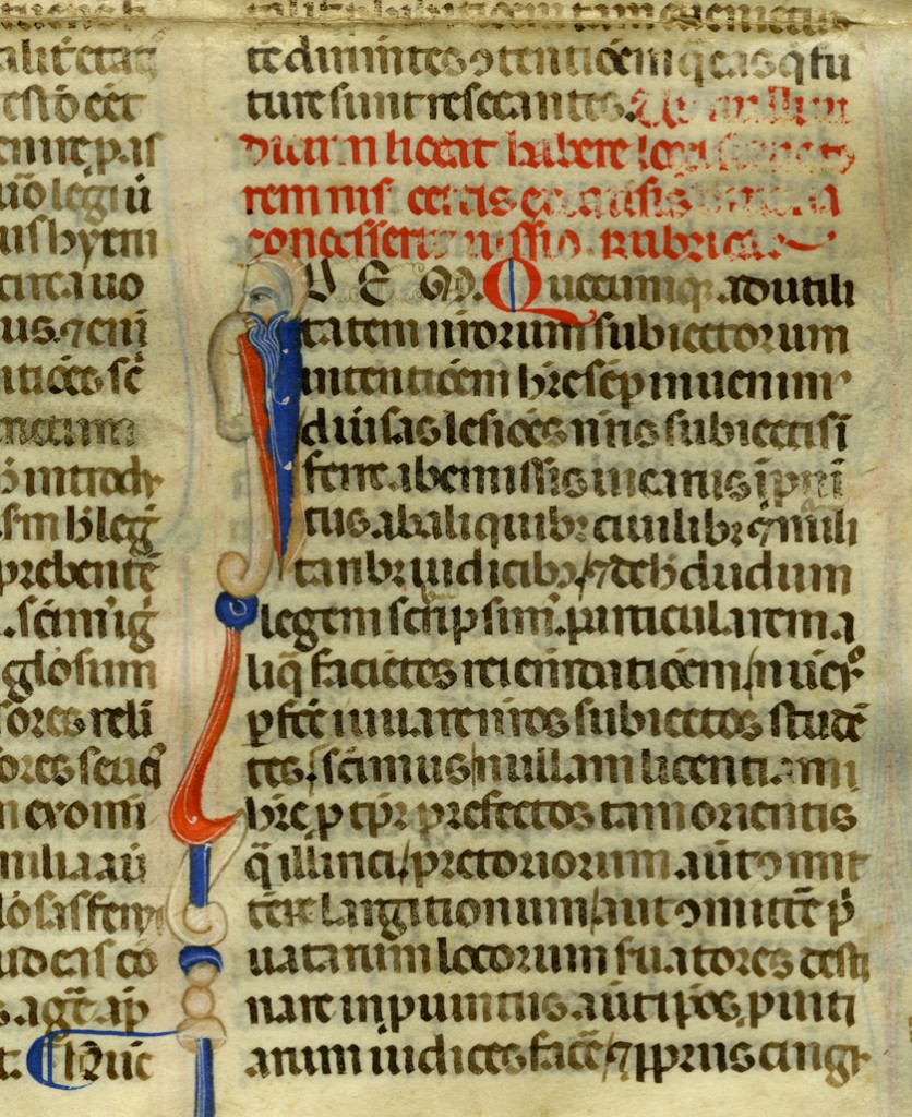 Painted and decorated opening initial I for Idem at the beginning of Justinian's Novel 134, with a bearded human head facing left at the top. Photography © Mildred Budny