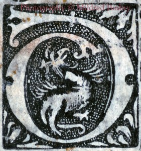 Initial d in a printed Missal, enclosing an upward-looking hybrid creature which looks up to the right, with spread wings, raised offside, and curled tail. Photography © Mildred Budny.