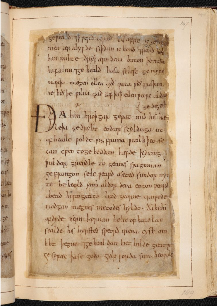 © The British Library Board, Cotton MS Vitellius A. XV, folio 147r. From the epic poem 'Beowulf', setting the stage impressively for the sole surviving copy of this major monument of Old English language and literature. Reproduced by permission