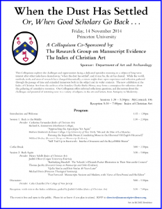 2014 Poster/Program for the Colloquium on 'When the Dust Has Settled, Or, When Good Scholars Go Back . . . ', laid out in RGME Bembino