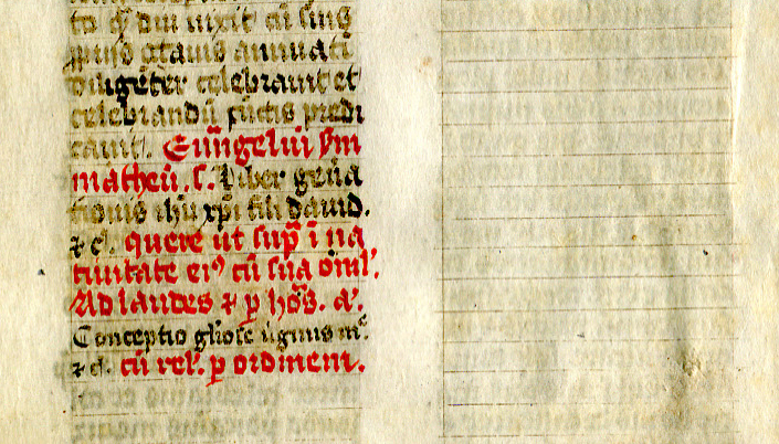 Folio 8 verso, lower portion of both columns of text, with the end of Eadmer's text and rubricated liturgical directions in one column, plus a blank final column. Reproduced by permission.