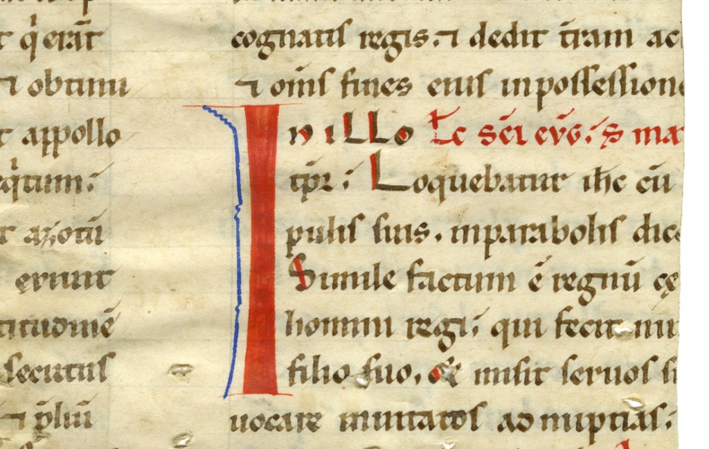 Initial I for In opening 'In Illo Tempore' for Homily 38 on the Gospels by Gregory the Great, with 6-line initial set within the text and enhanced with a contour of blue pigment to the left of the red stem of the letter. Photography © Mildred Budny, reproduced by permission. 