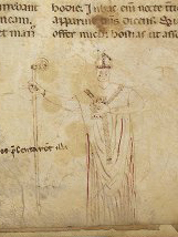 Added drawing of a bishop in the lower margin of the opening page of MS LJS 418, containing texts for Saint Blaise, at the University of Pennsylvania Library. Public Domain image.