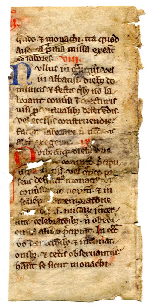 Verso of the fragmentary leaf from a 13th-century copy of Statutes for the Cistercian Order. Reproduced by permission.