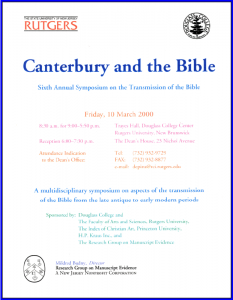 2000 Poster in polychrome lettering for the 'Canterbury and the Bible' Symposium at Douglass College of Rutgers University