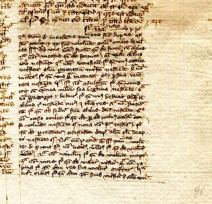 Detail of Recto of detached leaf from the Nichomachean Ethics in Latin translation, from a manuscript dispersed by Otto Ege and now in a private collection. Reproduced by permission.