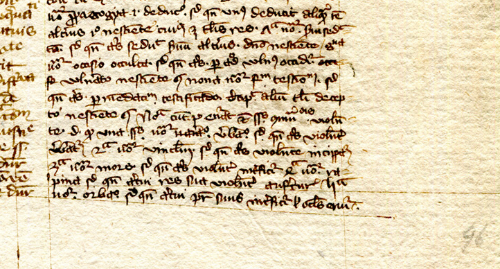 Detail of lower right-hand side of Recto of detached leaf from the Nichomachean Ethics in Latin translation, from a manuscript dispersed by Otto Ege and now in a private collection. Reproduced by permission.