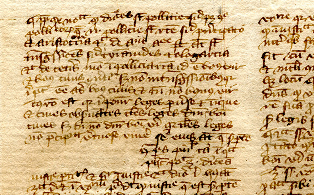 Detail of top left of Verso of detached leaf from the Nichomachean Ethics in Latin translation, from a manuscript dispersed by Otto Ege and now in a private collection. Reproduced by permission.