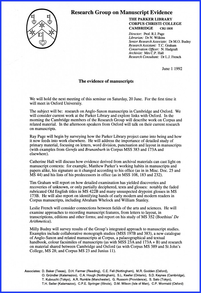 Invitation to 'Anglo-Saxon Manuscripts in Cambridge and Oxford' Seminar Invitation 20 June 1992 Page 1