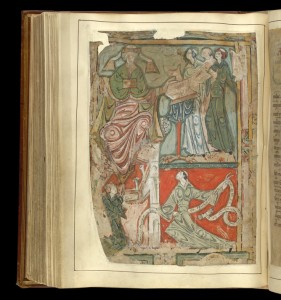 © The British Library Board, Cotton MS Tiberius A III, folio 117v. Frontispiece for the 'Rule' of Saint Benedict, showing Benedict and his Monks.