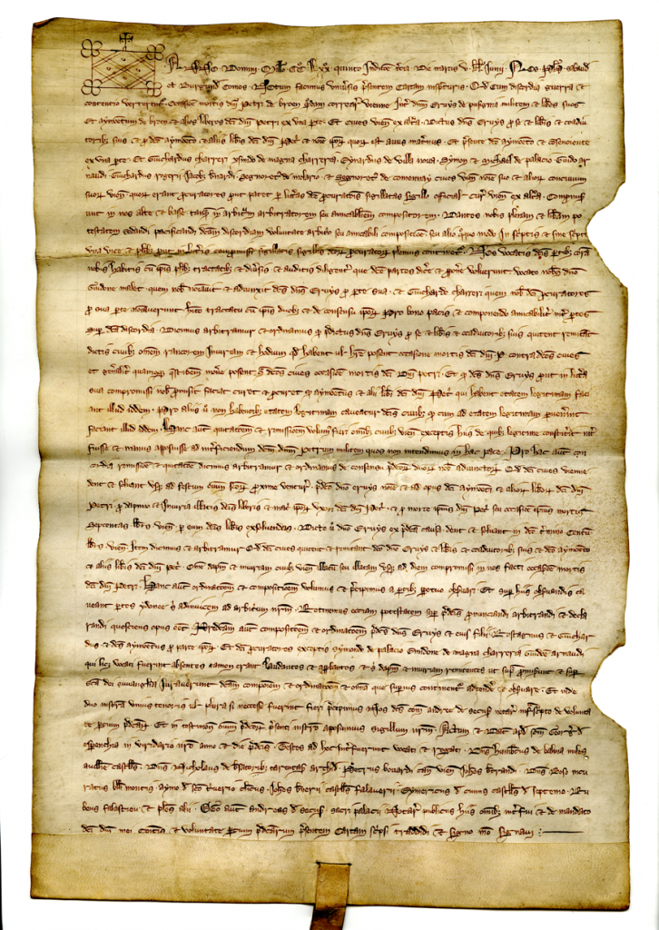 Documentary Arbitration by Philip I Count of Savoy of 1275 opened to face of document