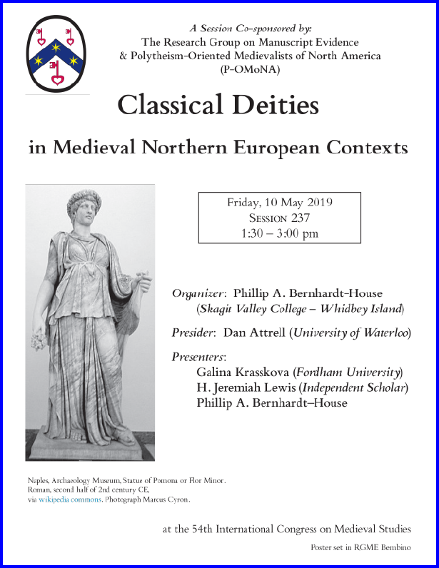 Poster for 'Classical Deities' Session co-cponsored with Pomona at the International Congress on Medieval Studies at Kalamazoo 2019.