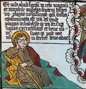 New York, Morgan Library & Museum, PML 7, folio P2r. Blockbook of Apocalypsis Sancti Johannis, printed in Germany circa 1468. Revelation 15:1, with hand-colored illustration.