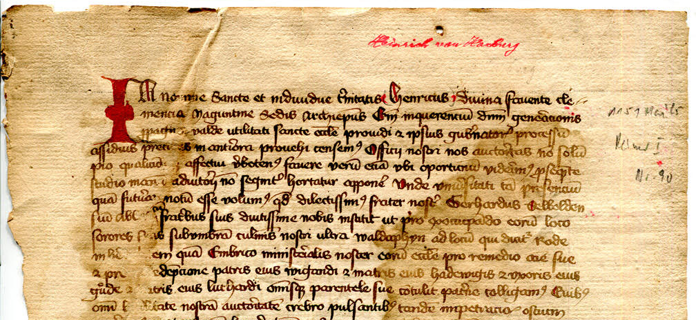 Selbold Cartulary Fragment folio "1" recto upper portion.