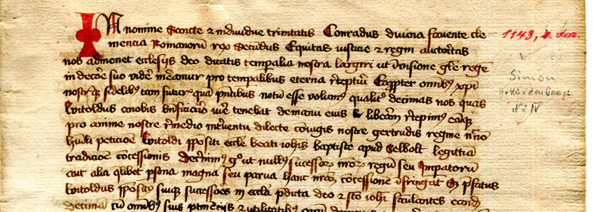 Selbold Cartulary Fragment, Folio "2" recto upper portion.
