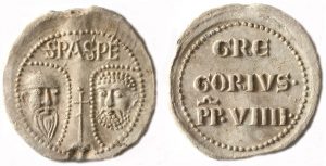 Lead Papal Bulla issued between 1227 and 1241 under Pope Gregory IX, Face and Dorse. Portable Antiquities Scheme (PAS) FindID 407324 (Hampshire). Image via Wikimedia Commons.