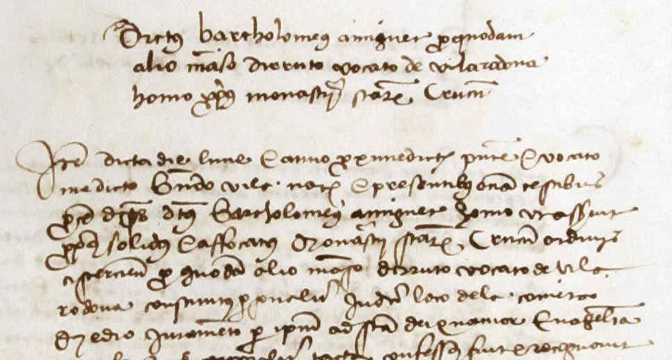 Private Collection, Spanish Castle Cartulary, Part-Filled Verso, Detail: Script.