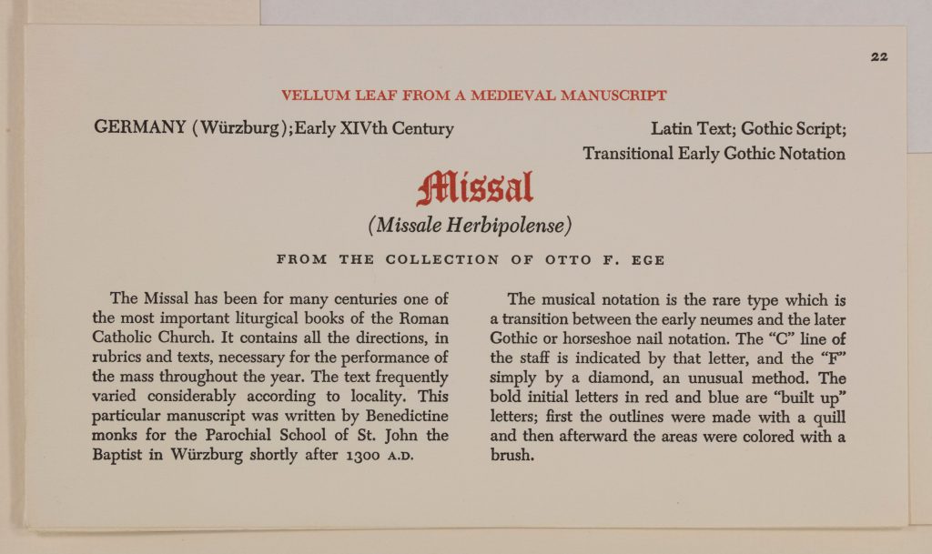 Otto F. Ege: Fifty Original Leaves from Medieval Manuscripts, Leaf 22, Printed Label, Special Collections and University Archives, Stony Brook University Libraries.