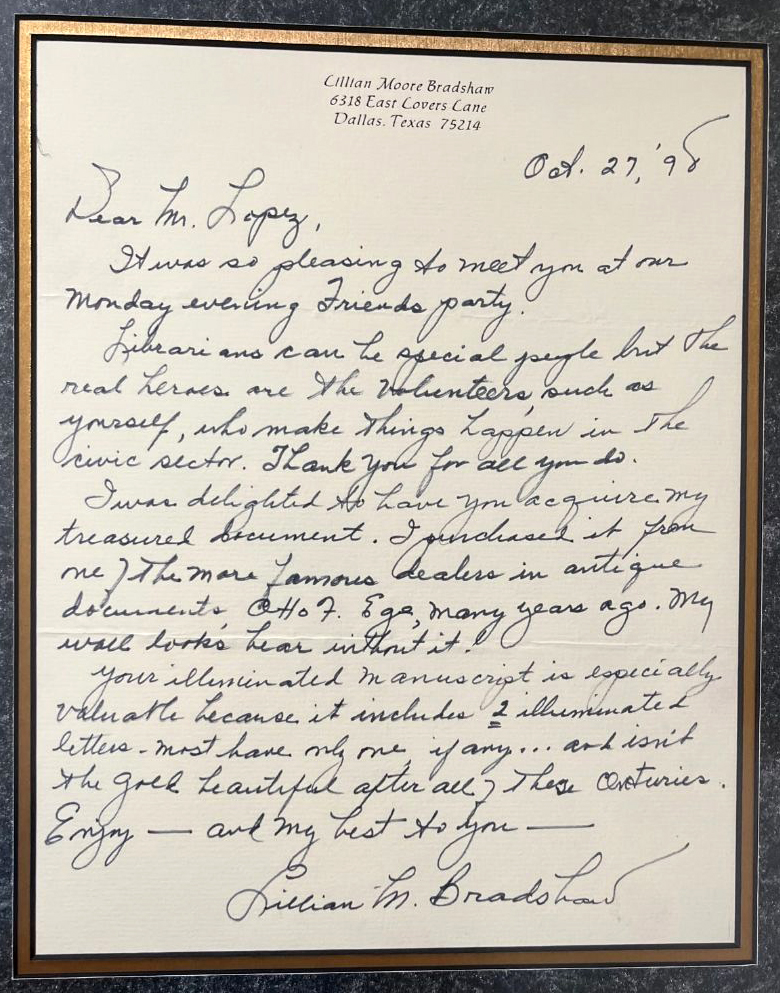 Collection of Birgitt G. Lopez, Framed Letter from Lillian Moore Bradshaw, signed and dated 27 October 1998.