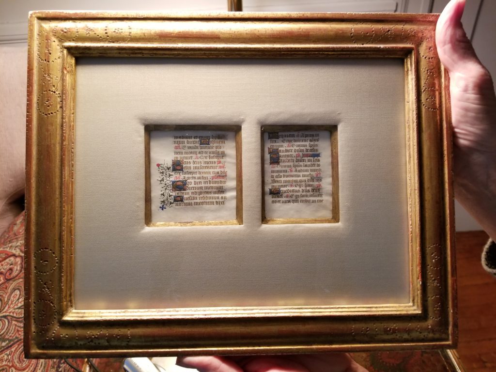 Private Collection, Pair of Small-Format Vellum Leaves within a single frame made by The House of Heydenryk, New York City. Front of Frame. Photography by Mildred Budny. Reproduced by permission.