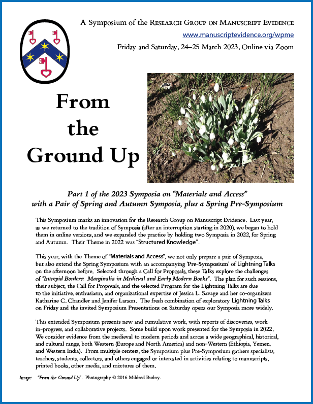 2023 Spring Pre-Symposium/Symposium Booklet Front Cover with photograph of snowdrops flowers rising from the earth.