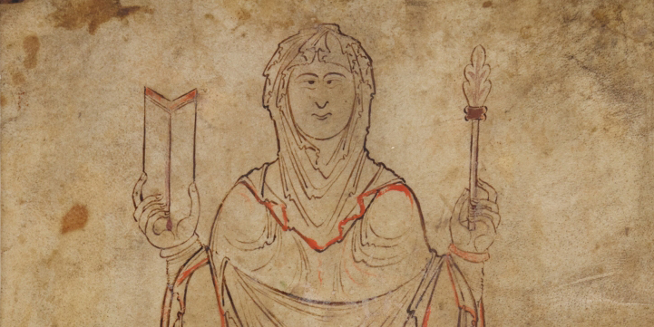 Philosophy personified as female figure, wearing headveil and mantle, holding at both sides a raised book and a foliate-topped scepter. Frontispiece figure for Boethius' Consolation of Philosophy.