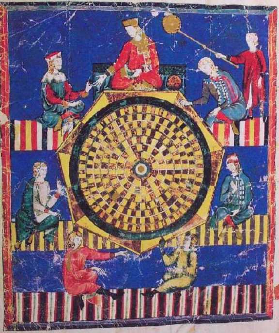 The so-called "Astrological Chess" game. Alfonso X, Libro de acedrex. El Escorial, Ms. j.T.6, fol. 96v. Circa 1284. Image via Wikipedia via Creative Commons.
