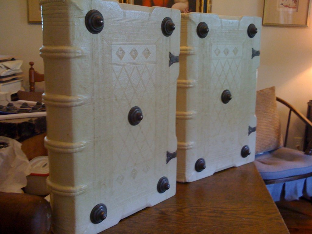 Two-volume period-style binding made in 2012 for a 1961 Gutenberg Bible Facsimile. Alum-tawed pigskin over beveled wooden boards and blind-tooled to historical precedent. Photography by Michael L. Chrisman, reproduced by permission.
