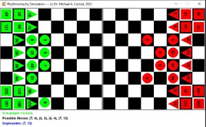 Rhythmomachy Simulation (Player 1's turn). Image © 2023 Michael A. Conrad.