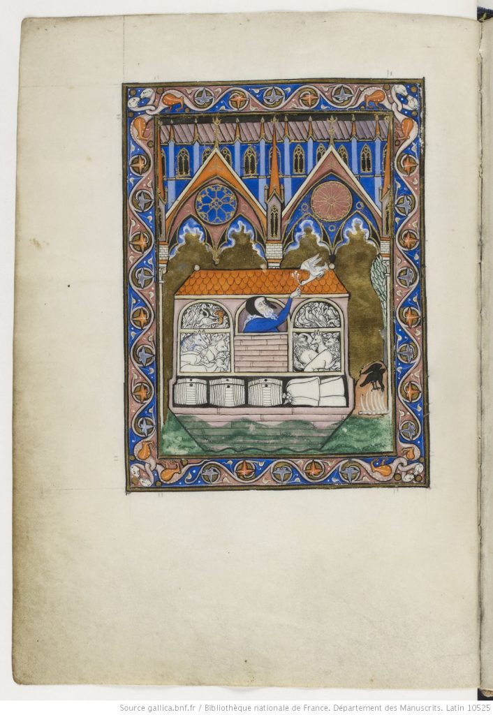 Illustration of Noah's Ark within a rectangular frame. The house-shaped ark has window-like openings for animals and birds. At the center, Noah as an aged and bearded man reaches up to receive a flying bird.