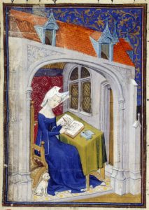 London, British Library, Harley MS 4431, fol. 4r.Christine de Pisan sits at work writing in an interior accompanied by a dog. France (Paris), c. 1410 – c. 1414. Image via https://blogs.bl.uk/digitisedmanuscripts/2013/06/christine-de-pizan-and-the-book-of-the-queen.html.