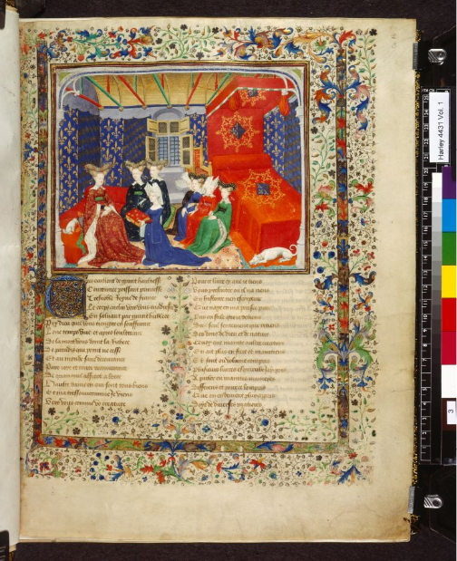 London, British Library, Harley MS 4431, fol. 3r. At the front of a compilation of her works, Christine de Pisan presents the volume to Isabeau of Bavaria within a luxurious interior. France (Paris), c. 1410 – c. 1414. Image via https://blogs.bl.uk/digitisedmanuscripts/2013/06/christine-de-pizan-and-the-book-of-the-queen.html.