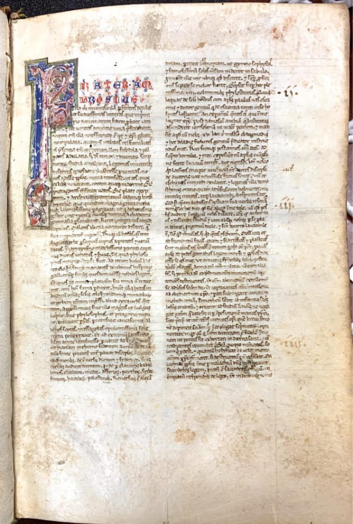 First page of the Dimock Bible, with two columns of text which begin the preface "Frater Ambrosius" describing the Latin translation/