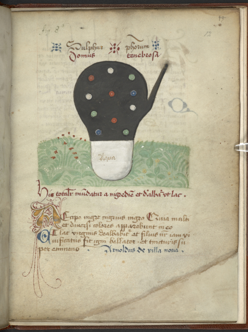 Page of text with image of a flask purifying a black substance to white or "aqua" (water).