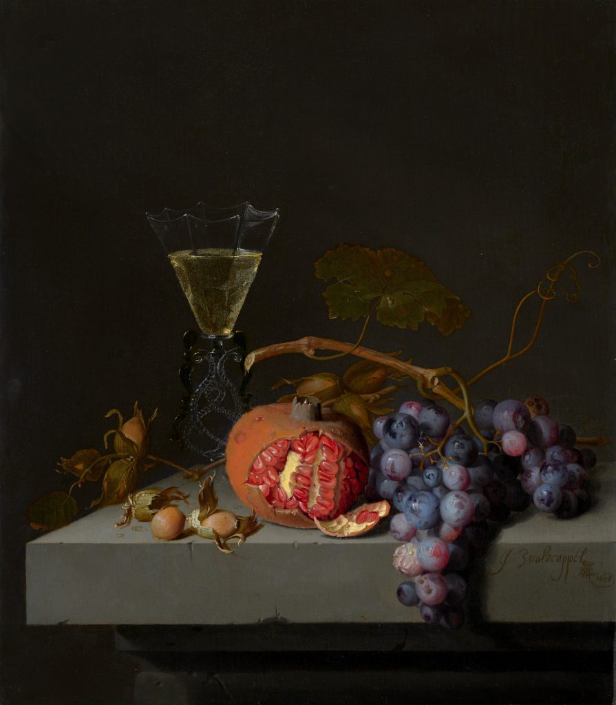 Oil painting of Still Life with Fruit: Partly peeled pomegranate, bunch of grapes, glass of wine, all standing on a grey rectangular ledge.