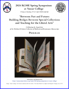 2024 Spring Symposium Program: Cover as a Poster with blue border, showing a manuscript image of an opened book in a Flemish oil painting.