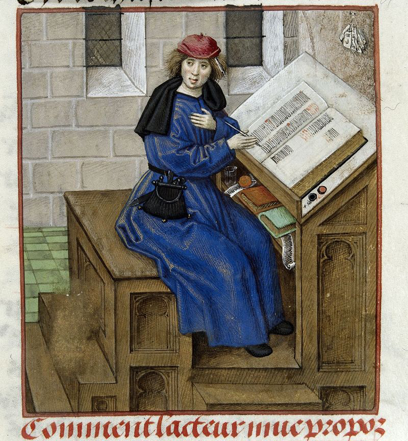 Dressed in a long blue garment, the author sits at work on a bench beside a lectern holding an opened book to which he holds a quill pen to page.
