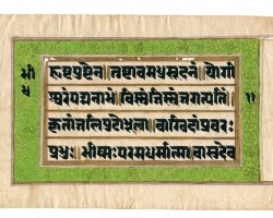 Paper Leaf in Sanskrit with an Ornate Frame for the 4-Line Text. Gold-framed rectangular green border with frieze-like floral designs in dark green pigment. Private Collection. Photography by Mildred Budny.