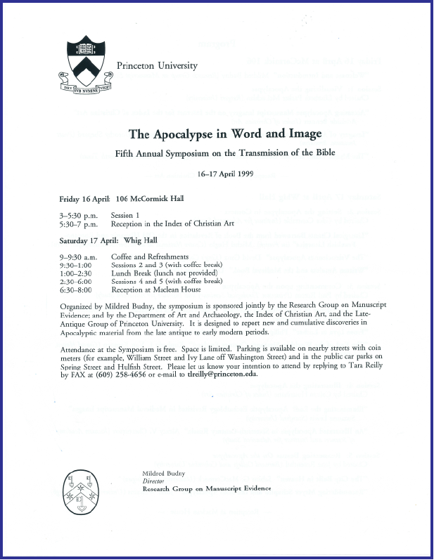 1999 'Apocalypse in Word and Image' Symposium Announcement with PU logo in black & white   