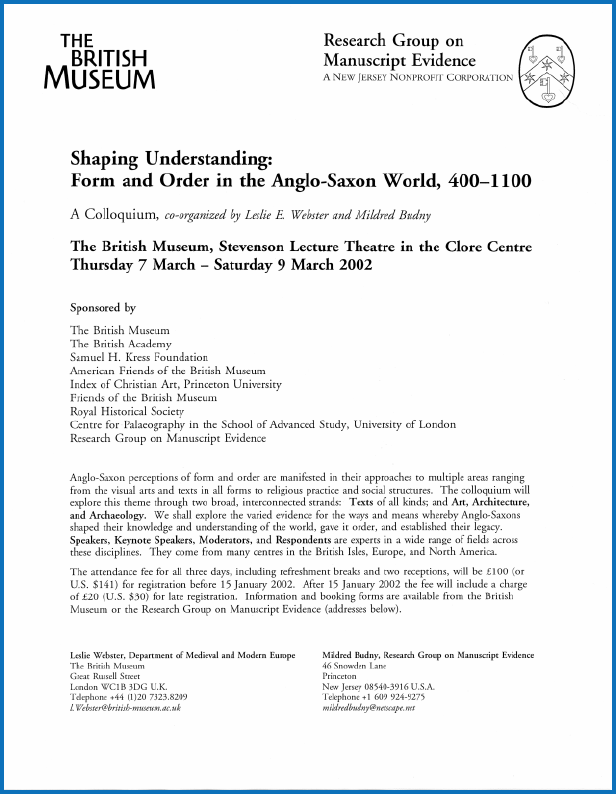2002 'Form and Order in the Anglo-Saxon World' Colloquium Poster       
