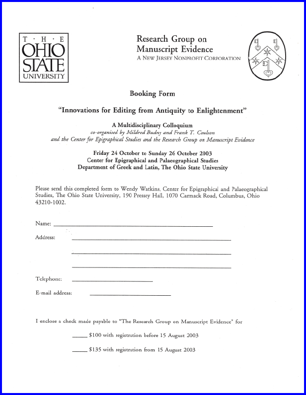 2003 'Innovations for Editing' Colloquium Booking Form       